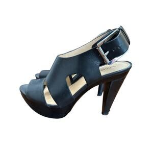 Michael by Michael Kors Carla Leather Platform Sandal Black 4.5" Buckle Heel 7